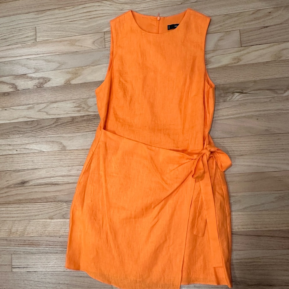 Mango Linen Orange Sarong Wrap Tie Front Sheath Dress